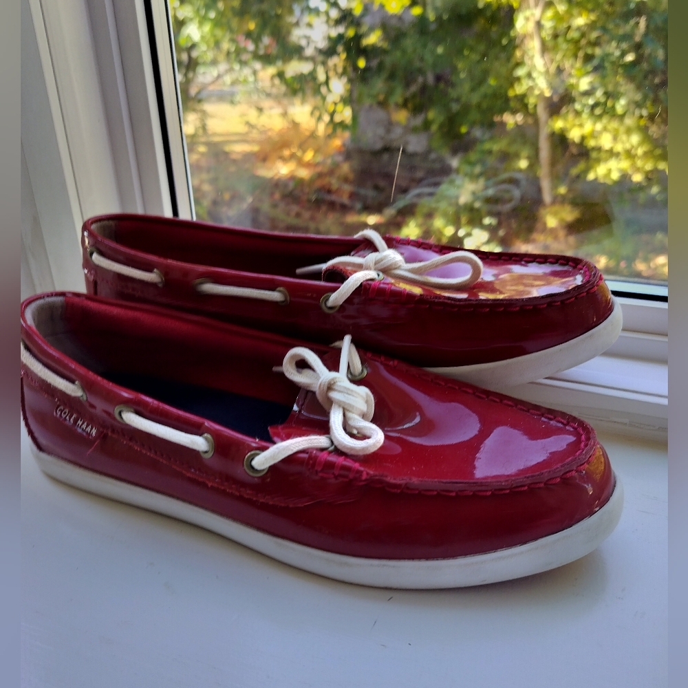 Cole Haan Red Patente Leather Boat Shoes Nactucke Shoes Women's Size 7.5